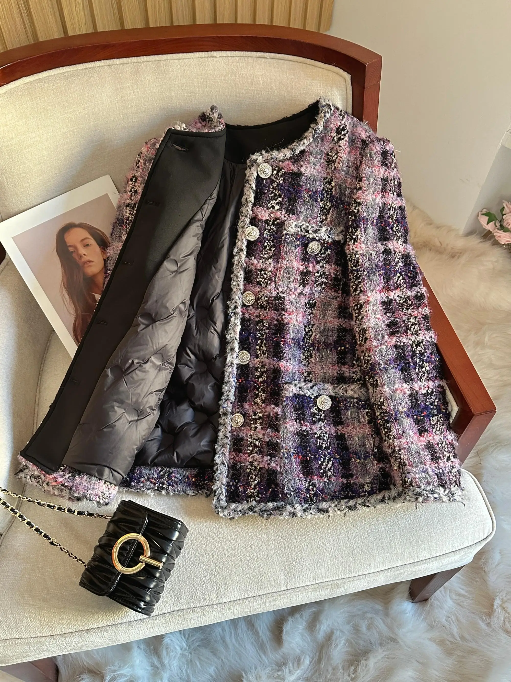 

Dry Paris Autumn Winter New 90 White Du down Purple Plaid Small Fraance Sle Women's down Jaet Coat A78007