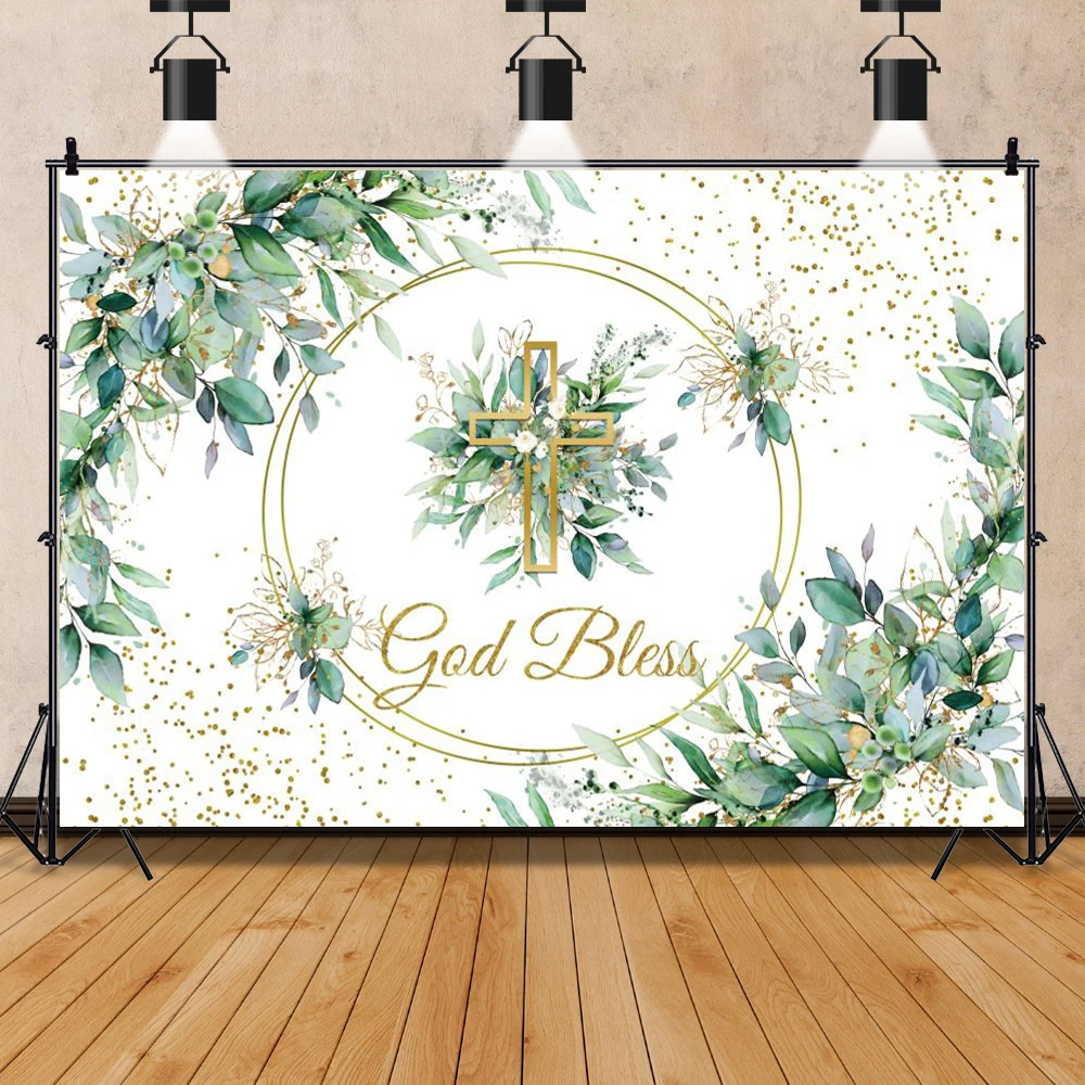 First Holy Communion Photography Backdrop Newborn Christening God Bless Gold Cross Grail Green Leaf Boy Girl Baptism Background