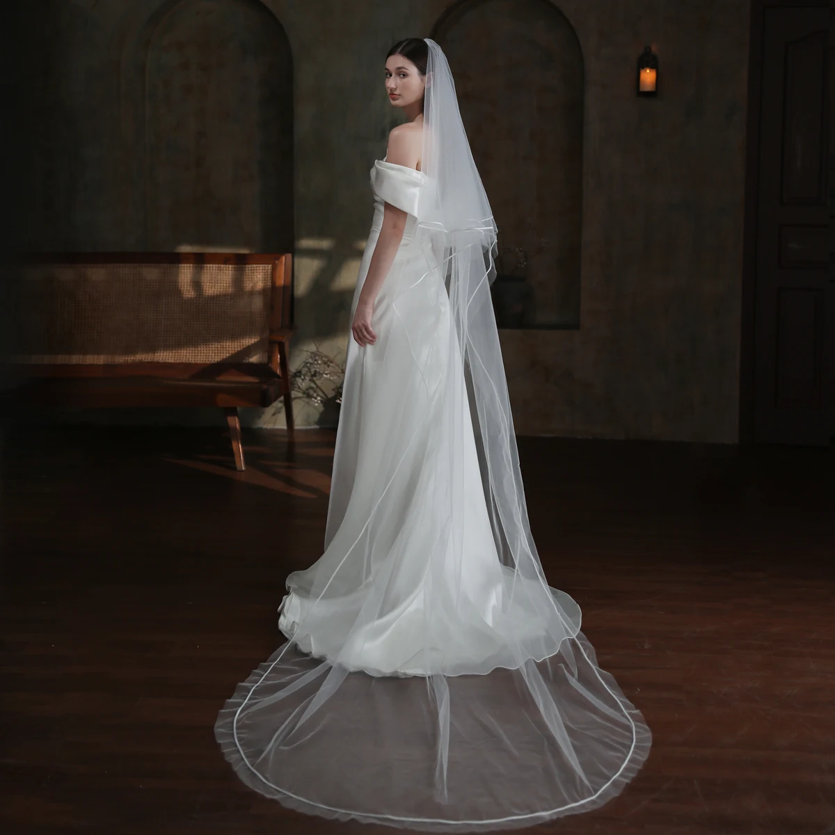 V864 Bridal Cathedral Handmade Veil for Wedding Dress Two-Layer Soft Tulle Ribbon Edge Long Brides to be Headdress Veil