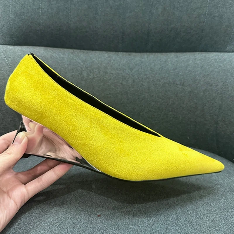 

Suede Wedge Heel V-neck Pointed Toe High Heels Yellow Slip On Casual Outside Footwear Pumps Comfort Party Dress Women Shoes