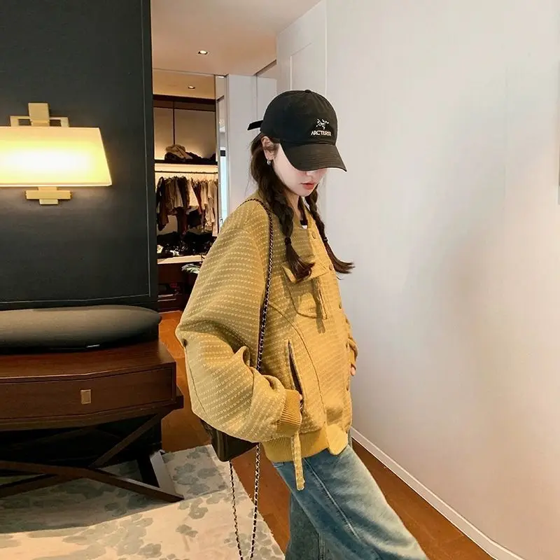 Women Clothing Autumn Winter Fashion Korean Button Color Blocking Female All-match Fashionable Pocket Baseball Jersey Cardigan