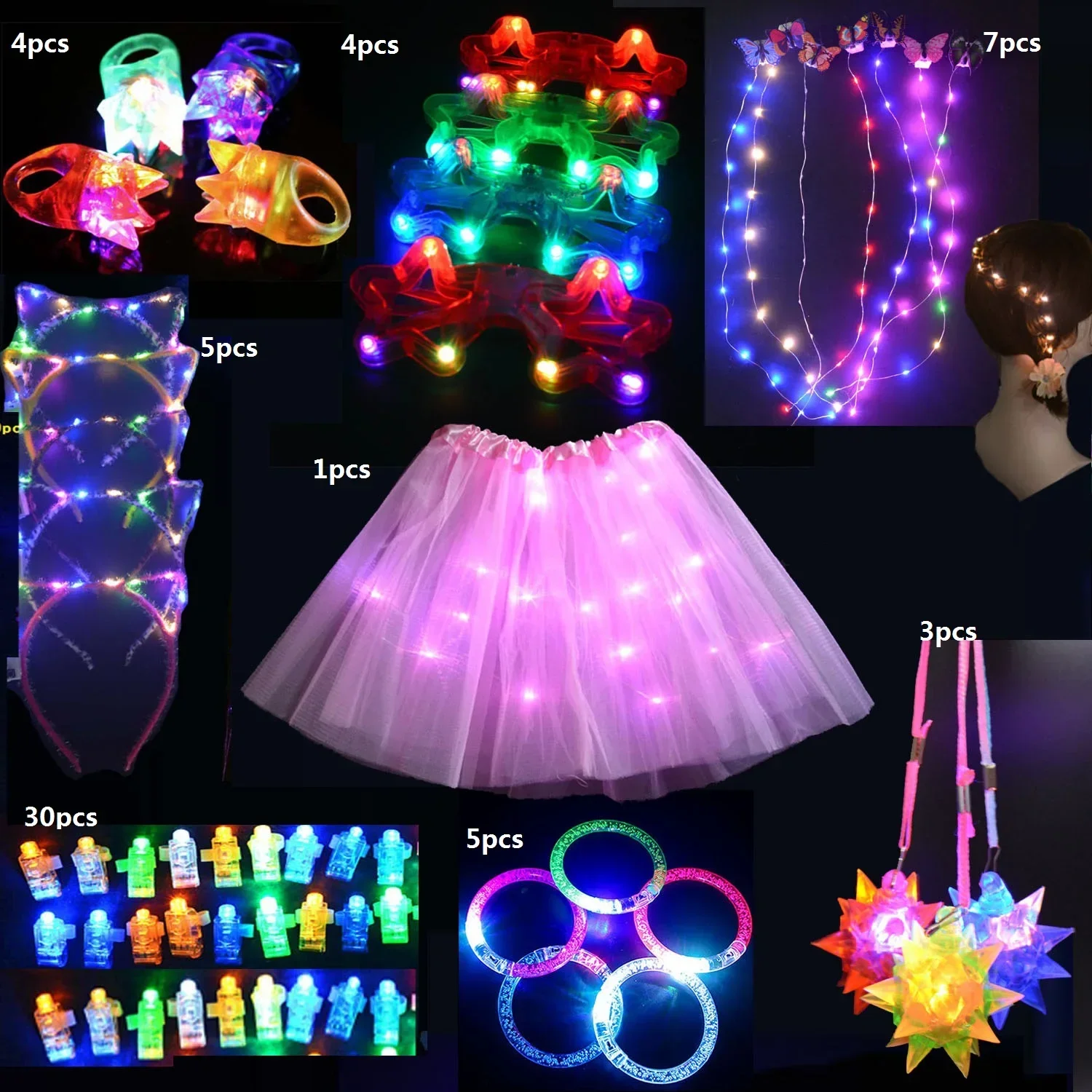 59pcs Girls Kids  Party Toy Gift Set Pack LED Light Glow Ring Bracelets Glasses Skirt Cat Headband  Christmas Halloween Festival