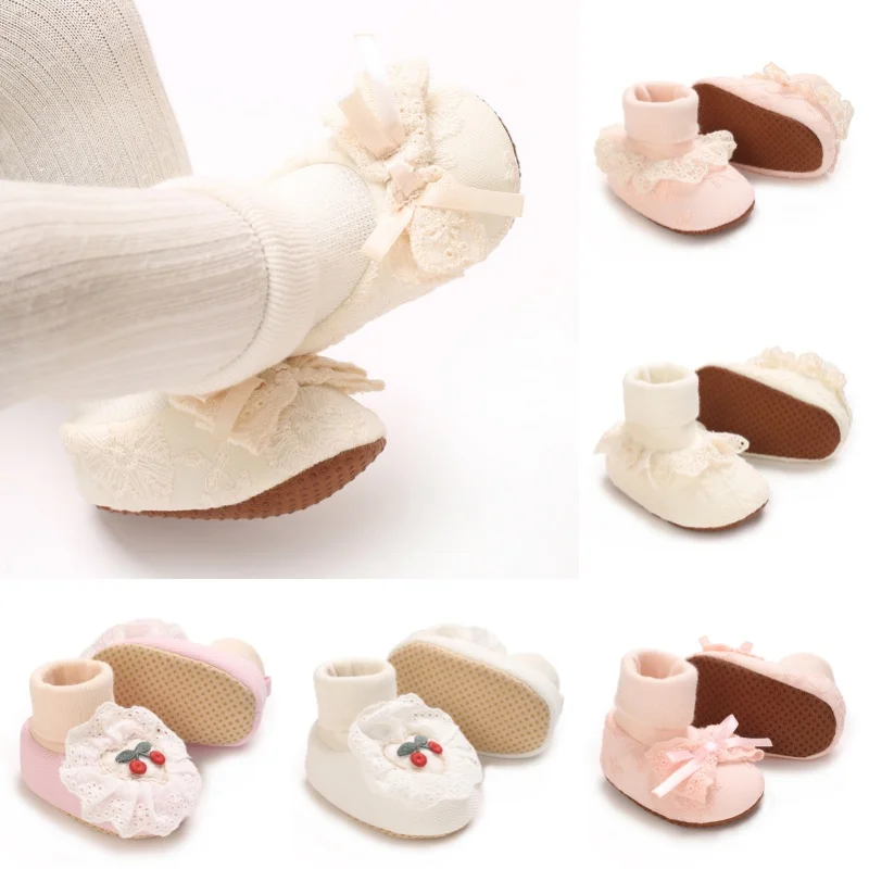 

Осенние и зимние женские детские носки и обувь для новорожденных от 0 до 18 месяцев, милые детские носки с кружевной каймой и бантом, детские носки, противоскользящие
