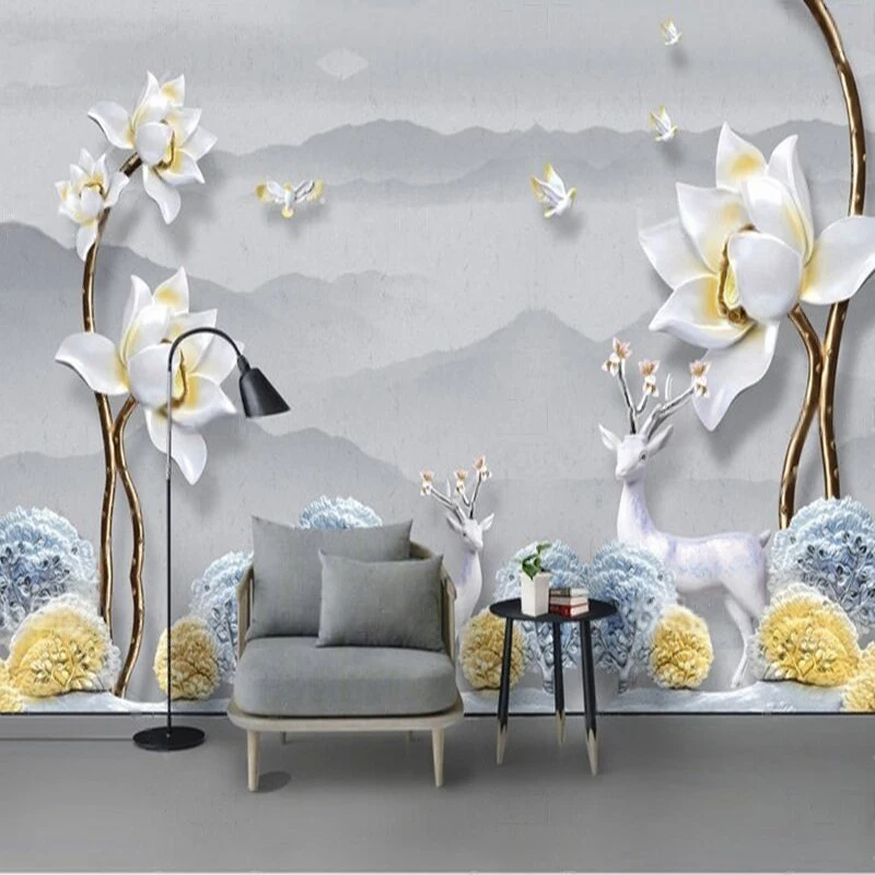 Modern and simple embossed peony flower elk tree ink-wash landscape TV luxurious home decoration background wall