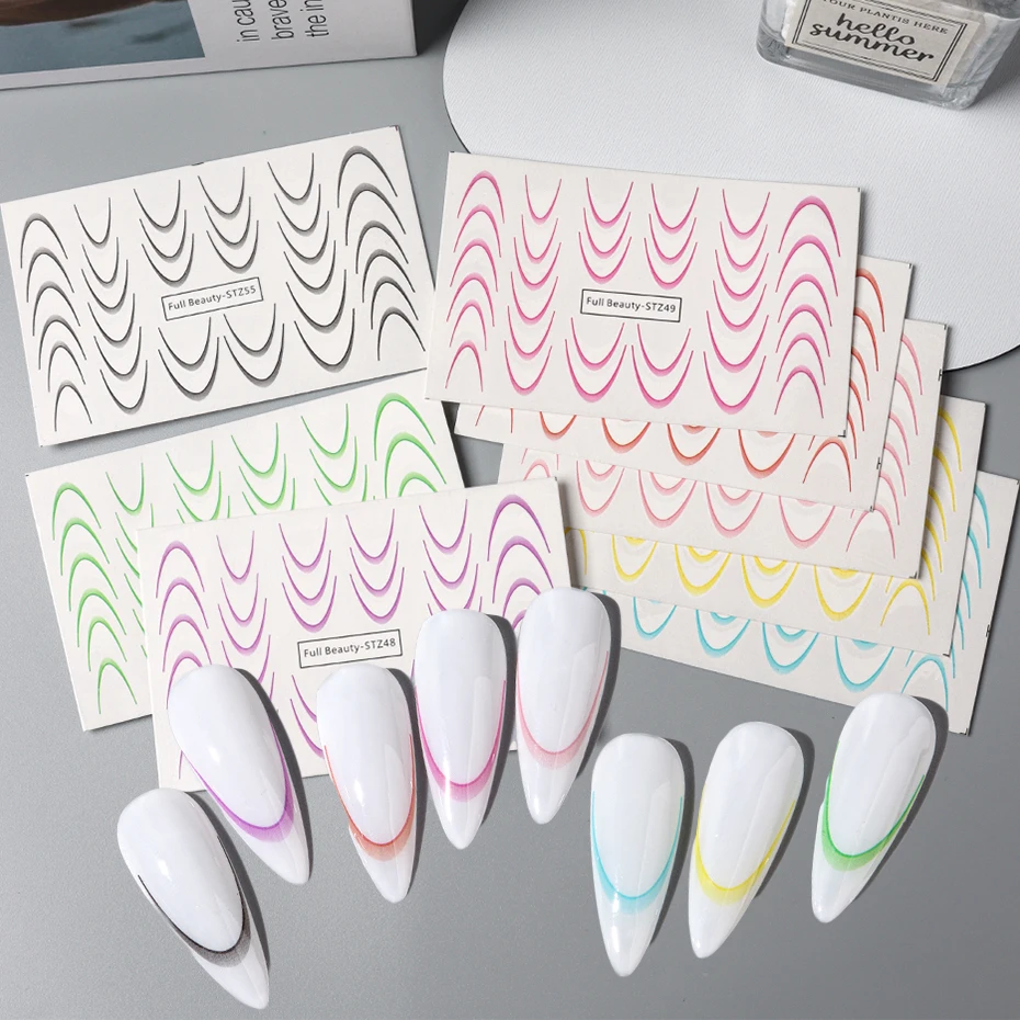 مجموعة ملصقات نقل المياه المتدرجة على شكل خط فرنسي، وردي أرجواني متعدد الألوان على شكل خط فرنسي لتزيين الأظافر بنفسك #4