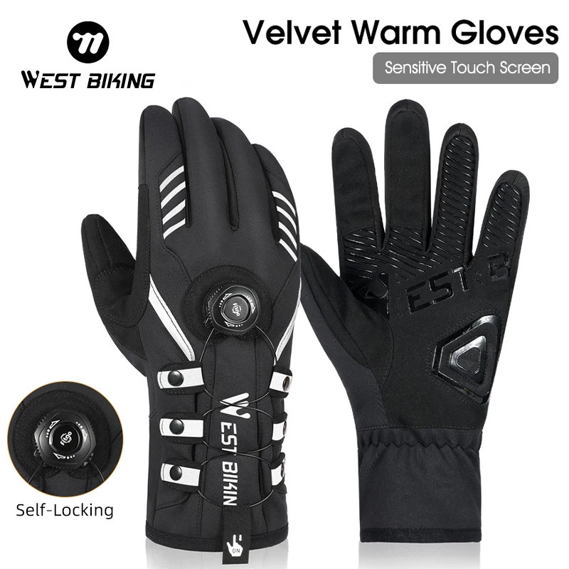 WEST BIKING Autumn Winter Self-locking Long Finger Gloves Anti-slip Shockproof Motorcycle Bike Ski Thicken Warm Sport Gloves