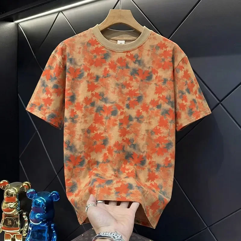 Men's Floral Print Short Sleeve T Shirt Casual Round Neck Cotton Blend Tee for Summer Daily