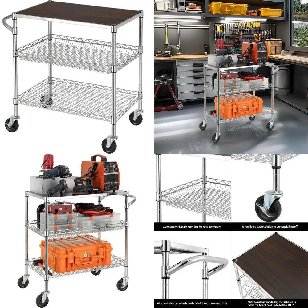 

Sturdy 3-Tier Utility Cart with Wooden Top, Wire Frame, Wheels, and Handle for Kitchen Use, 600 lbs Capacity, Chrome Finish