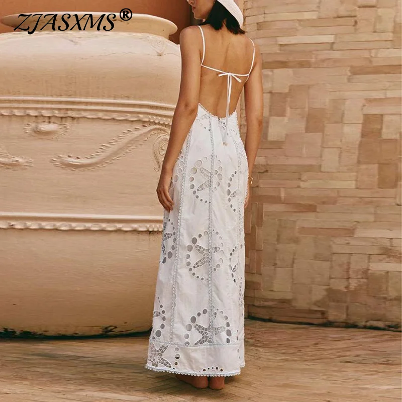 2025 New Vintage White Jacquard Crochet Lace Long Dress Summer Fashion Hollow Out Commute Dresses Woman Elegant Sling Boho Dress