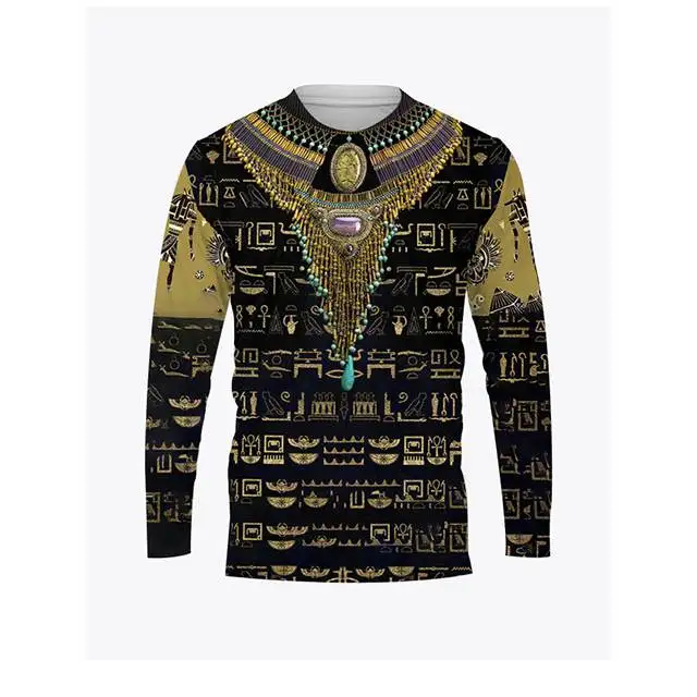 Ancient Egyptian Horus Print Summer Men\'s O-Neck T-shirt Casual Long Sleeve Oversized Pullover Fashion Tops Trend Men Clothing