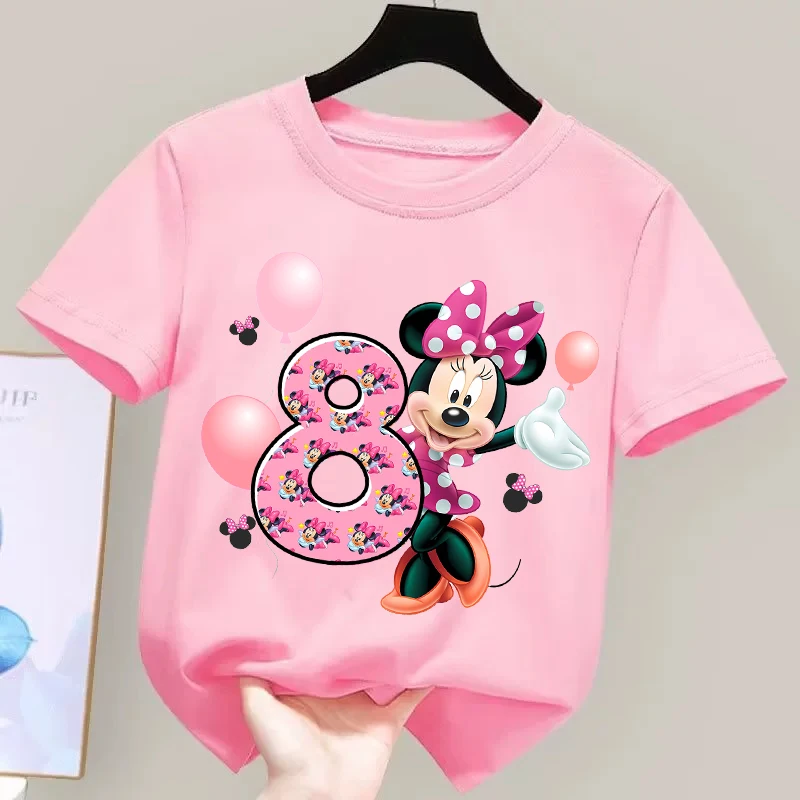 

Minnie Mouse Birthday Figure T-shirt Children Pink Tee Top Kawaii Girls Clothes Fashion Cartoon Short Sleeve Clothing Kids Gift