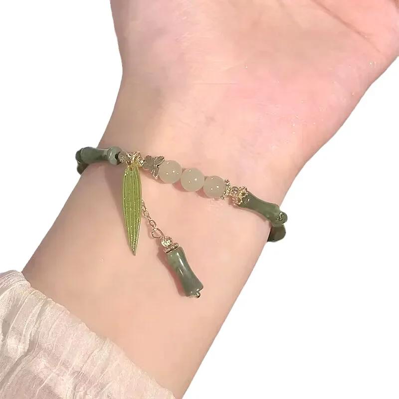 1Pcs Handmade Green Color Natural Stone Bamboo Joint Leaves Tassel Beads Strand Beaded Bracelet for Women Accessories