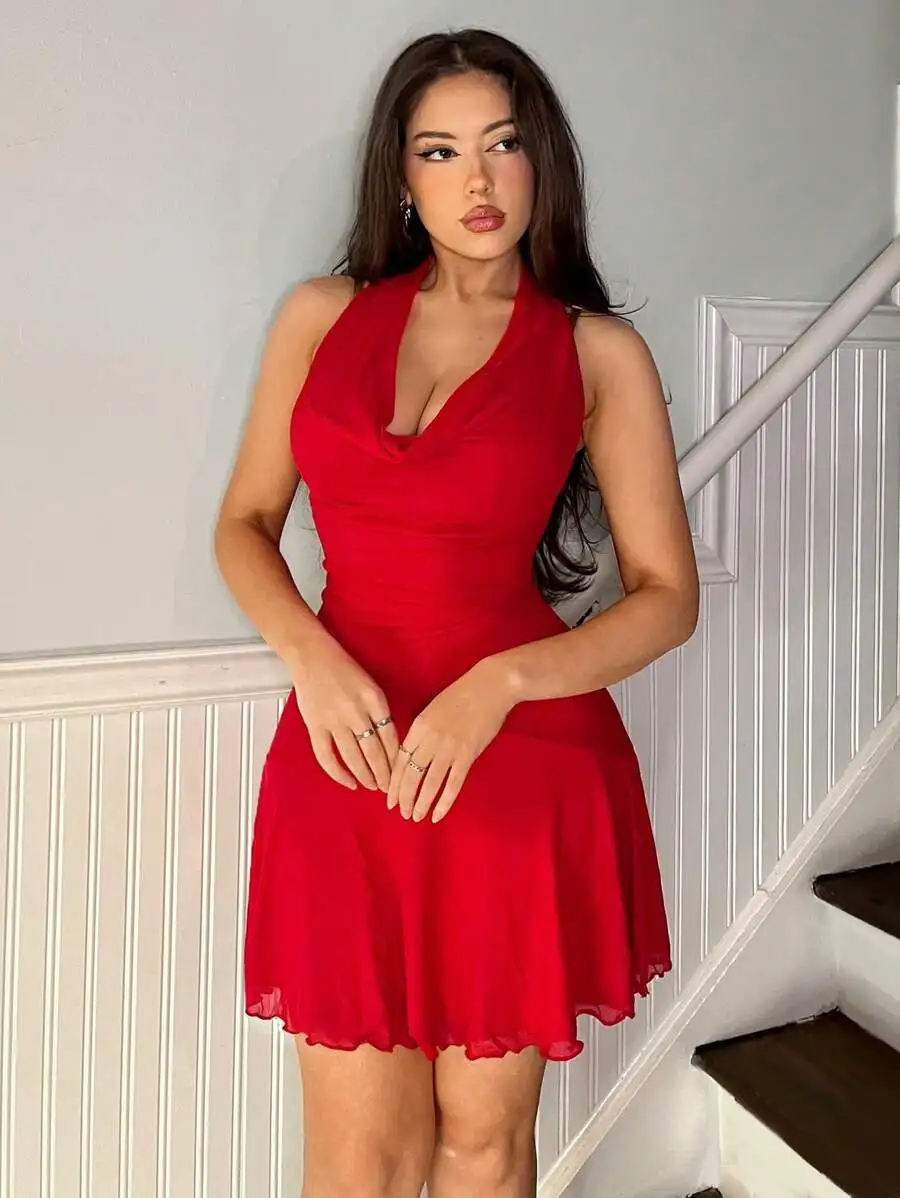 Elegant Red Halter Mini Dress V-Neck Ruched Waist Asymmetrical Hem For Party Festival view 4