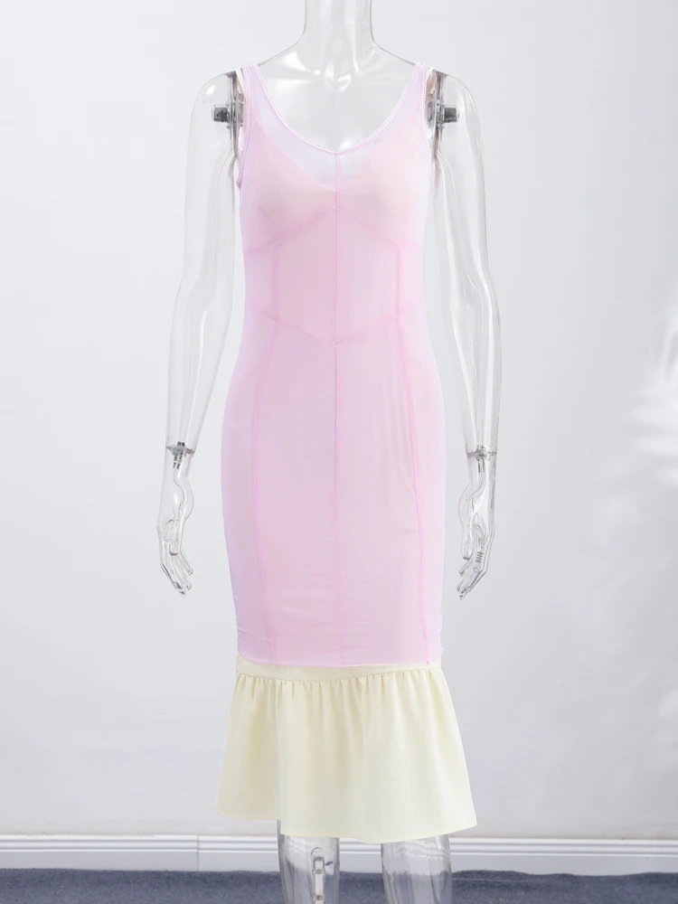 Transparentes Mesh-Overlay Spitzenbesatz Slip Langes Kleid Damen Sexy V-Ausschnitt Ärmellos Bodycon Kleider Charmante Figurbetonte Kleider für Dates und Partys – Detail 6