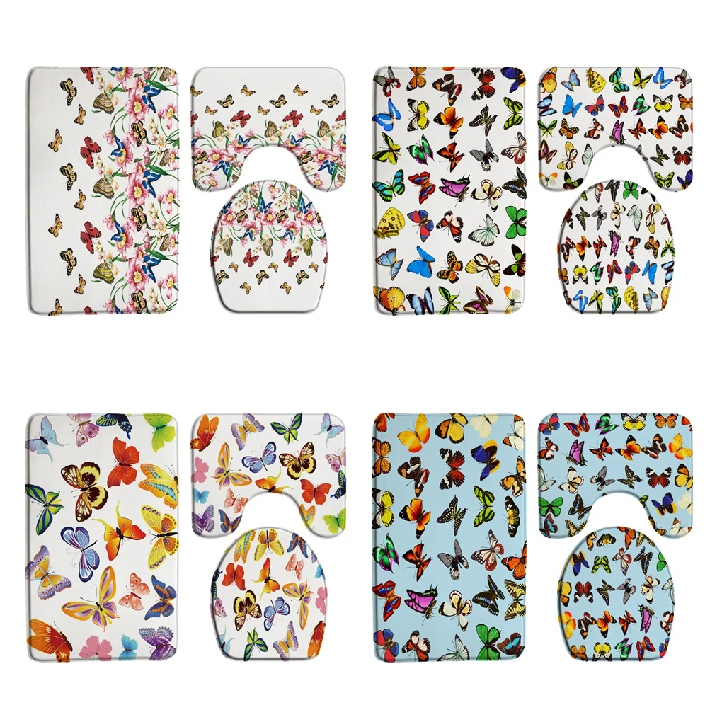 

Cute Flying Butterfly Watercolor Floral Bathroom Rug Set Non-Slip Bath Mat U-Shape Carpet Toilet Lid Cover Flannel Floor Doormat