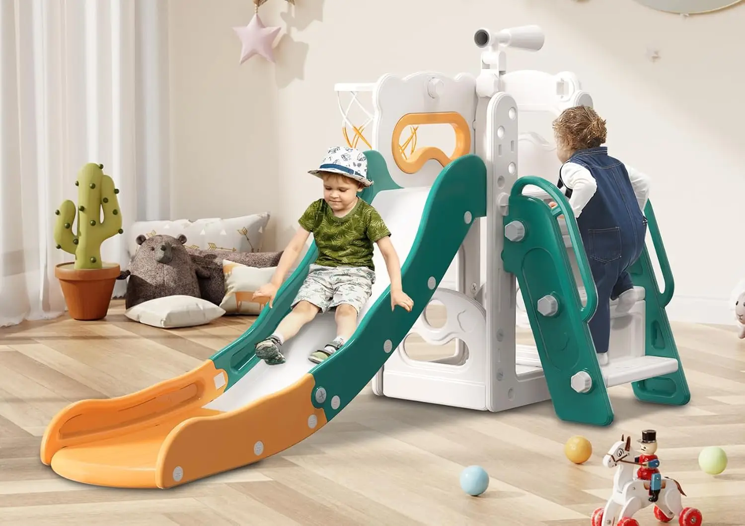 Toddler Slide, 6 in 1 Kids Indoor Slide for Toddlers 1-3, Kids Playground for Indoor Outdoor with Basketball Hoop and Telescope,