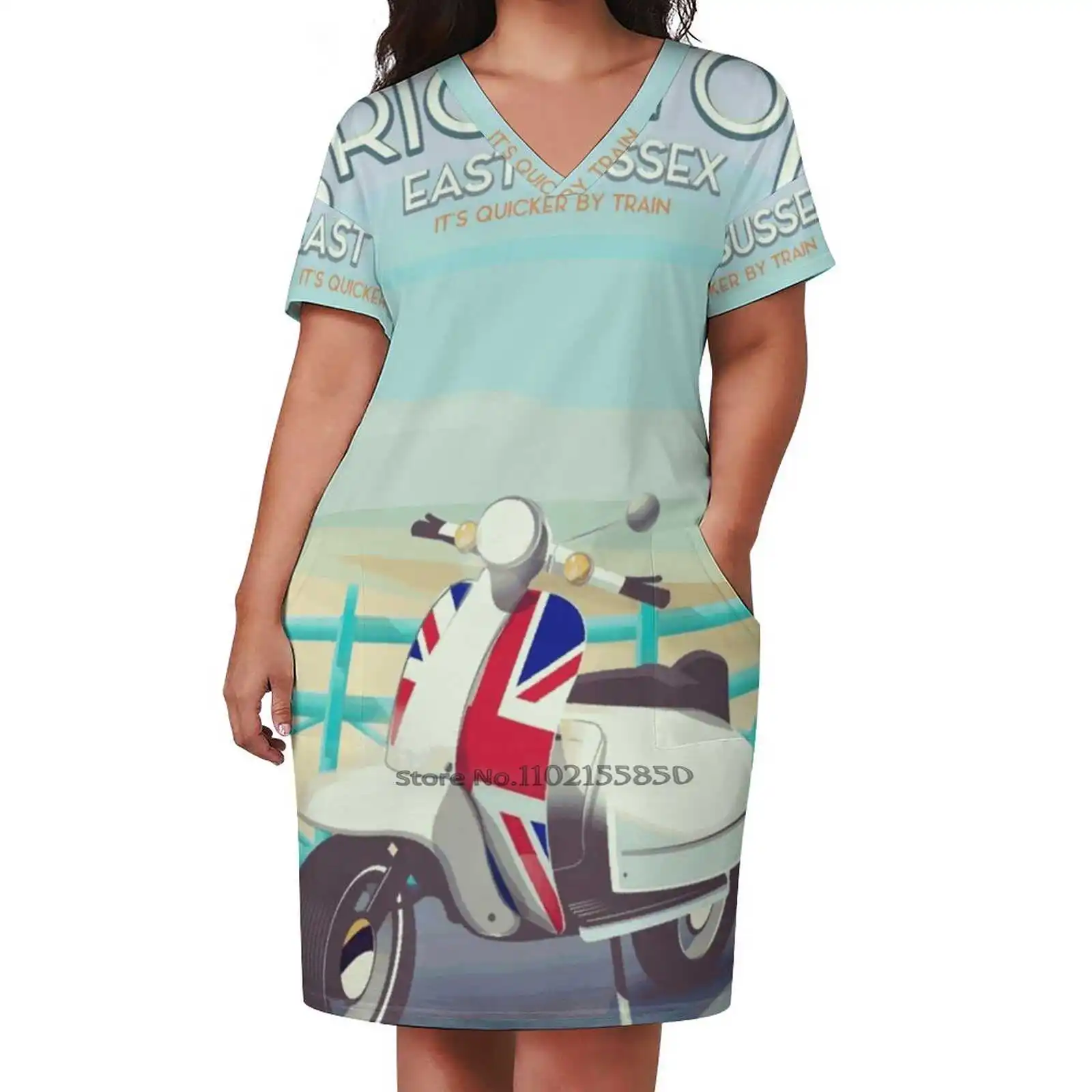 

Brighton Scooter Travel Poster Loose Pocket Dress Fashion Print Dress Short Sleeve V-Neck A-Line Dress Brighton Scooter Travel