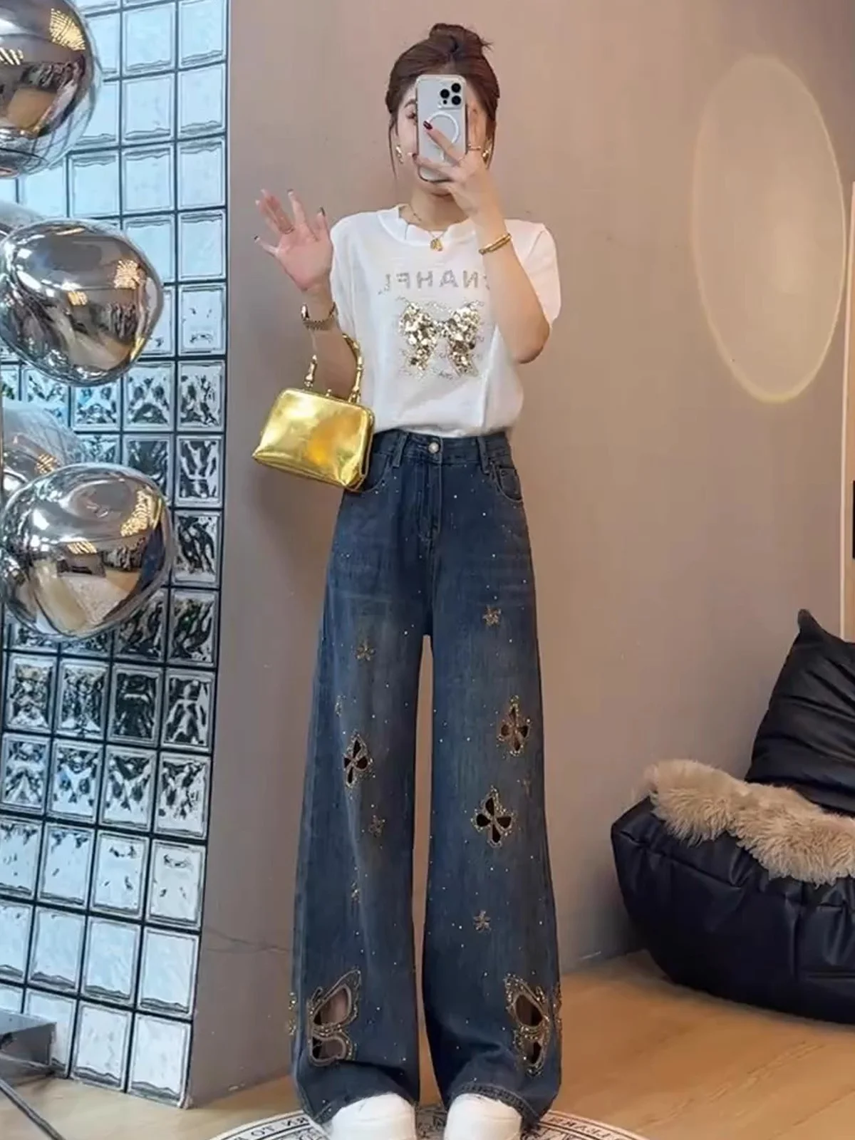 

Джинсы женские летние новые, повседневные, в корейском стиле, с вышивкой, ажурные, с высокой талией, свободного кроя, стройнящие, длинные, из денима