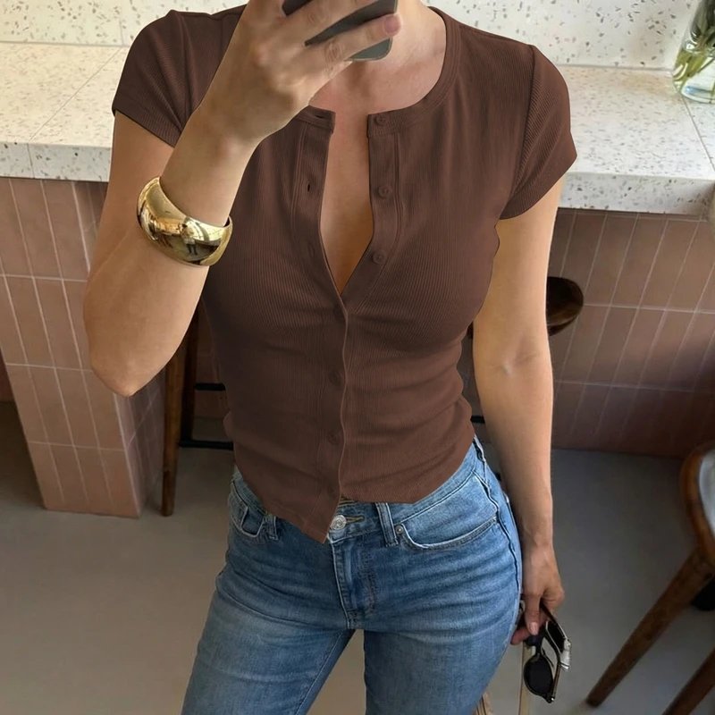 Hugcitar Fashion Solid O Neck Short Sleeve Buttons Sexy Slim Crop T-Shirt Top Summer Casual Women Clothes Streetwear Party
