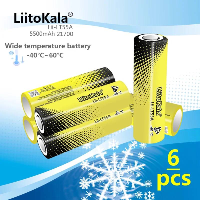 6PCS LiitoKala Lii-LT55A 21700 5500mah 3.7V Rechargeable Battery 1C High Power Discharge for -40° Low-temperature battery