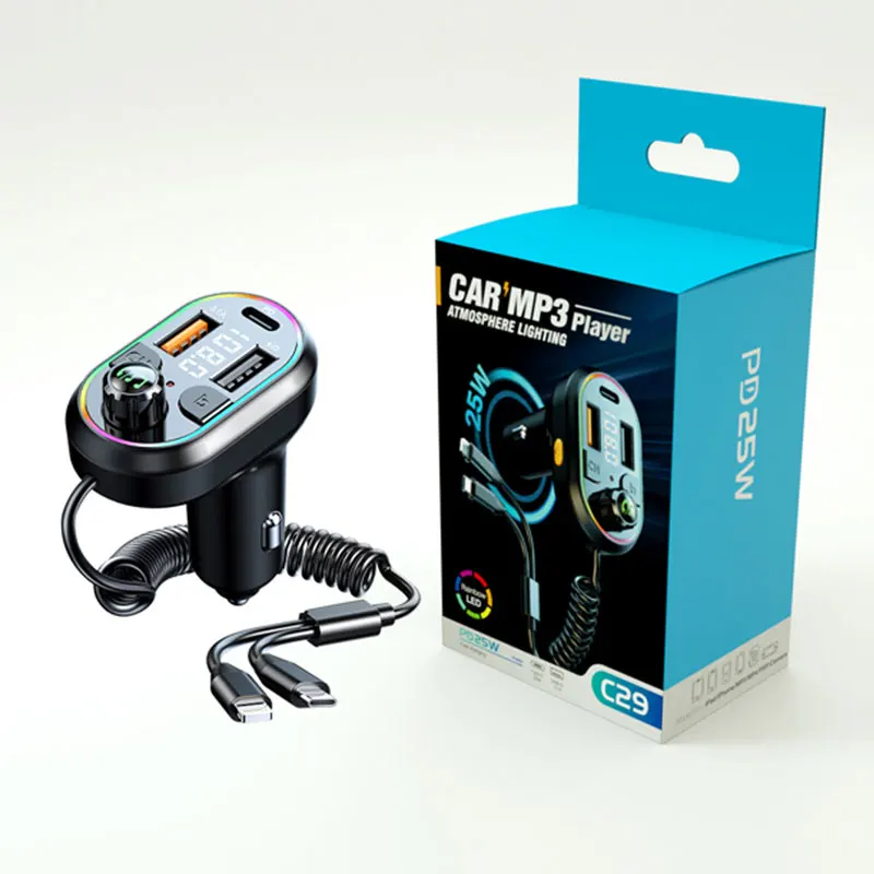 Car Bluetooth 5.0 FM Transmitter Wireless Audio Receiver Car MP3 Player 25W PD Fast Charge With Apple Type-C Port Charging Cable