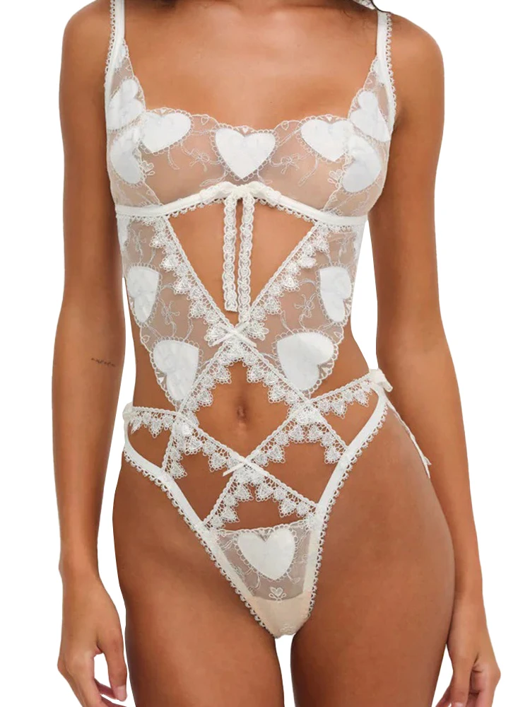 Women See Through Mesh Bodysuit Heart Embroidery Cutout Hollow Out Thin Breathable Shapewear Sexy  Intimate Lingerie Nightwear
