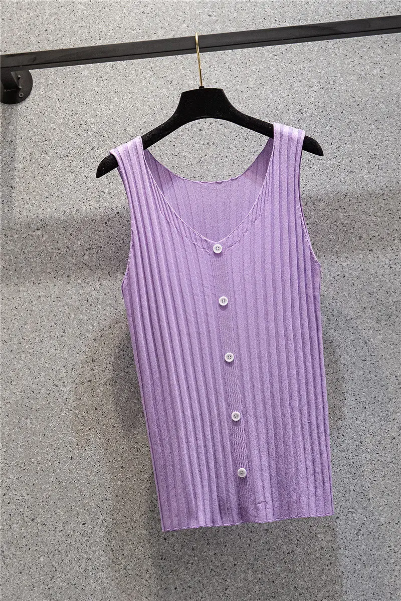 Dorywczo dzikie jednokolorowe damskie lato Camisole najniższy dzianiny lodowy jedwab Top bez rękawów V-Neck kamizelka dzianin H437