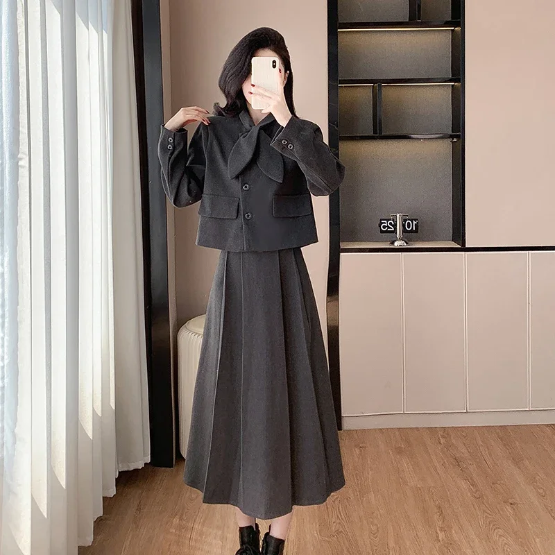 Mid-length Pleated Skirt Wool Padded Classic Style Skirt Set for Women Female Ladies Winter Bow-tie Thickened Coat and Skirt