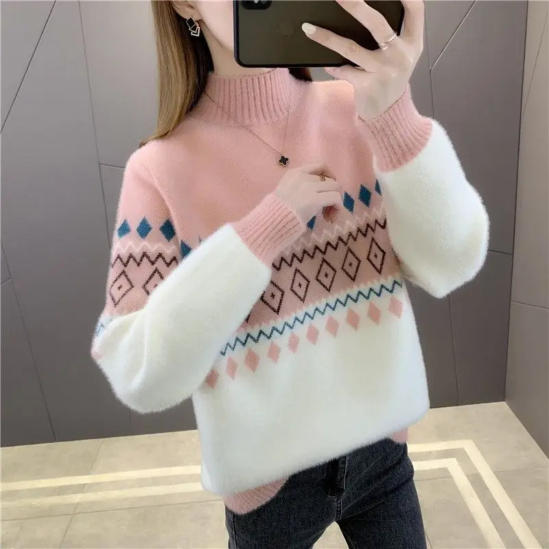 

2023 Autumn Winter Women New Long Sleeve Knit Tops Female Mink Velvet Sweater Tops Ladies Half High Collar Casual Jumpers O486