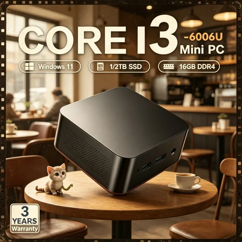 2026년형 정교하고 유선형 디자인의 미니 PC 윈도우 11 프로 코어 i3 6006U 램 1TB SSD WIFI 6 BT5.2 4K HD 루시드 레저 게이밍 홈