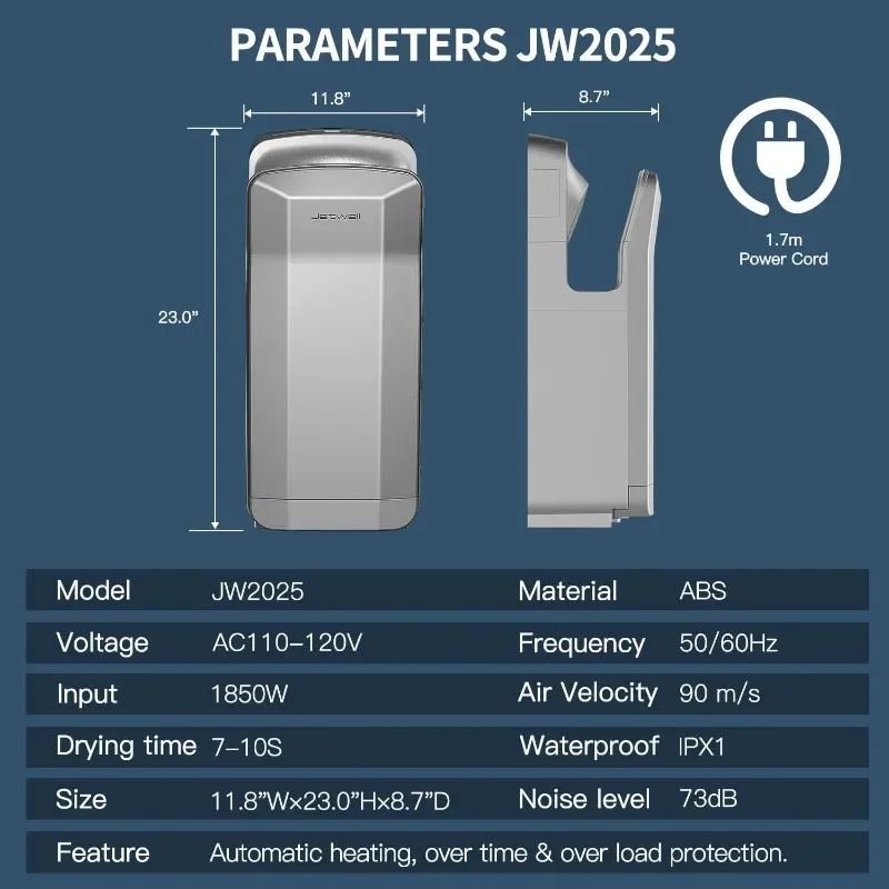 JETWELL Vertical Premium Commercial Hand Dryer for Bathrooms- High Speed Jet Air Motor Speed Adjustable Hand Dryer