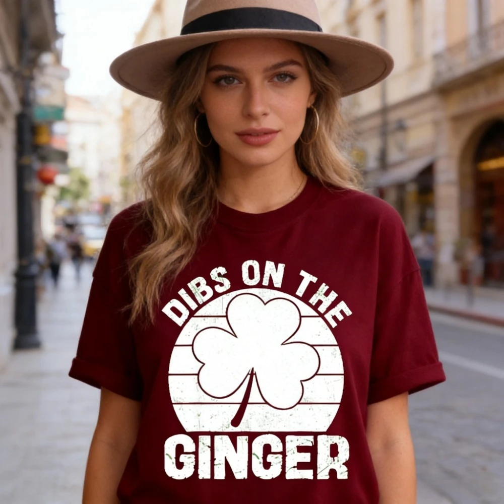 Vintage Dibs On The Ginger Tshirt Men Women St Patricks Shamrock Graphic Print Casual Short Sleeve Irish Holiday Novelty Shirt