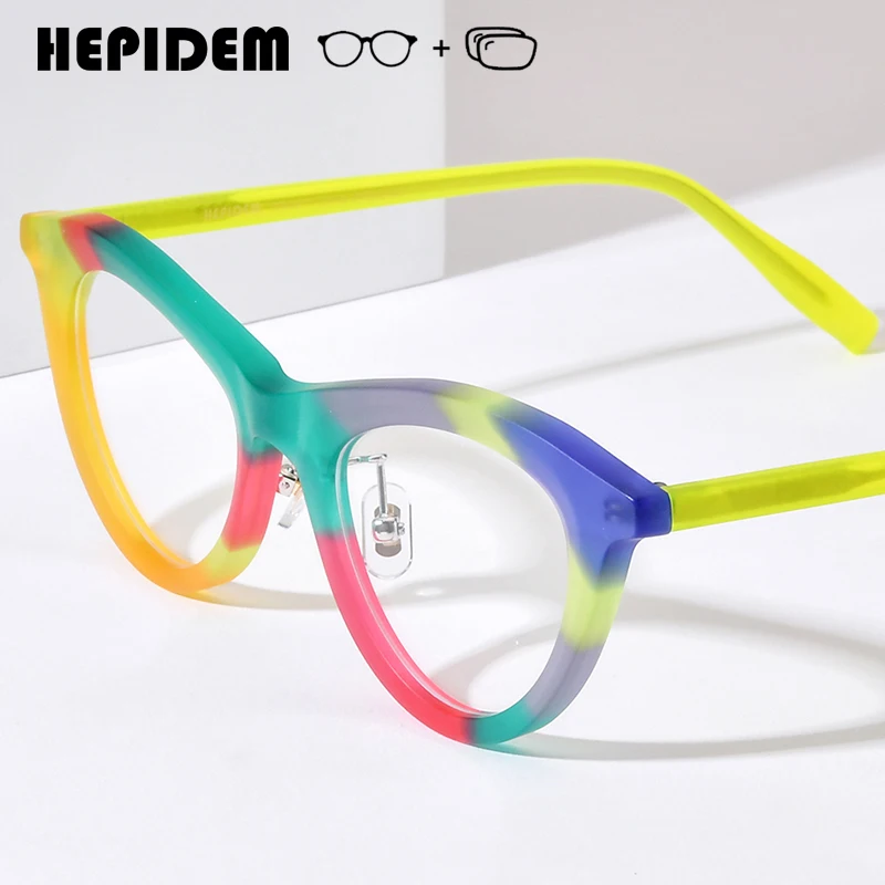 HEPIDEM Progressive Prescription Eyeglasses Anti Blue Myopia Optical Lenses Eyewear Women Acetate Cat Eye Glasses 9392