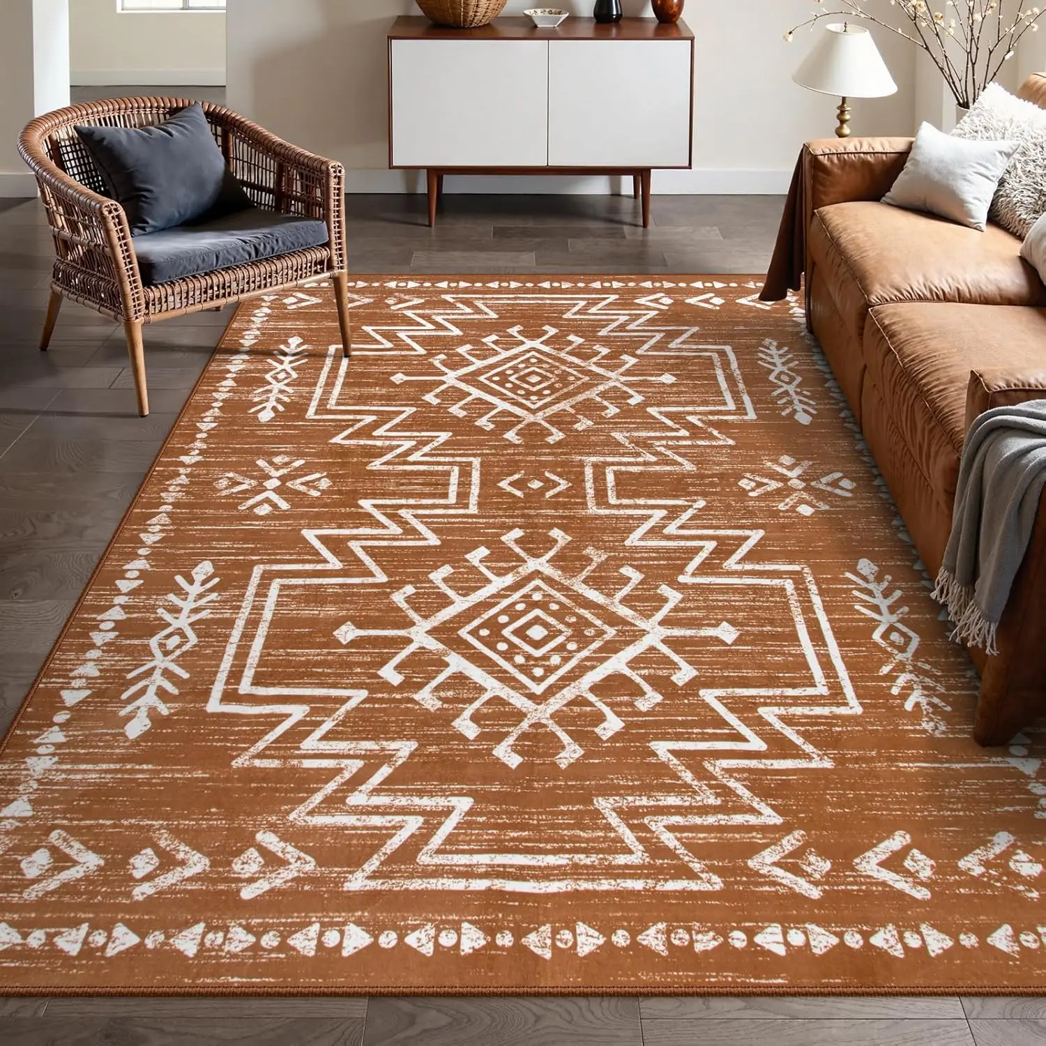 Washable Western Burnt Orange Large Area Rug for Bedroom Dining Room, Soft Stain Resistant Aztec Carpet Fall Rug for Guestroom