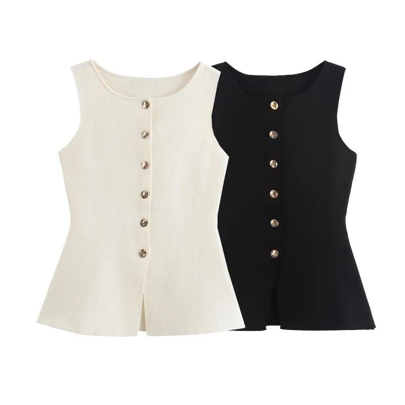 Women's Spring/Summer Casual Sleeveless Round Neck Top, Button Front Peplum Vest, Versatile for Work Commute & Outdoor Outings