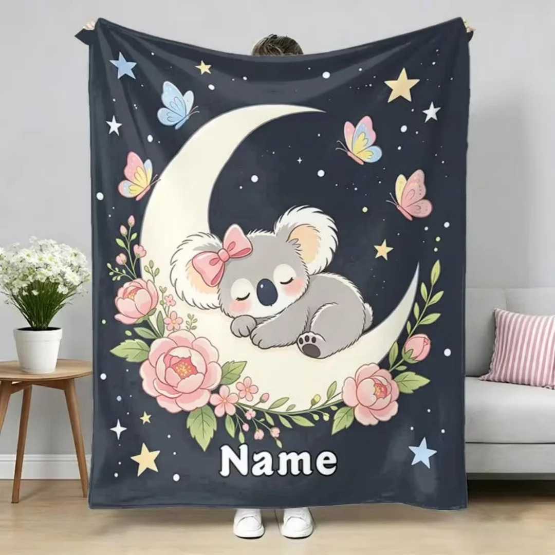 Personalized Custom Name Text Koala Print Flannel Blanket, Soft Lightweight All‑Season Throw Blanket for Sofa Bed Travel Camping