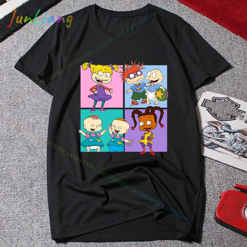 Rugrats قوس قزح دائرة مجموعة النار ريترو موضة القطن تيز قصيرة الأكمام تي شيرت Crewneck القمم هدية عيد ميلاد الرجال تي شيرت Y2k