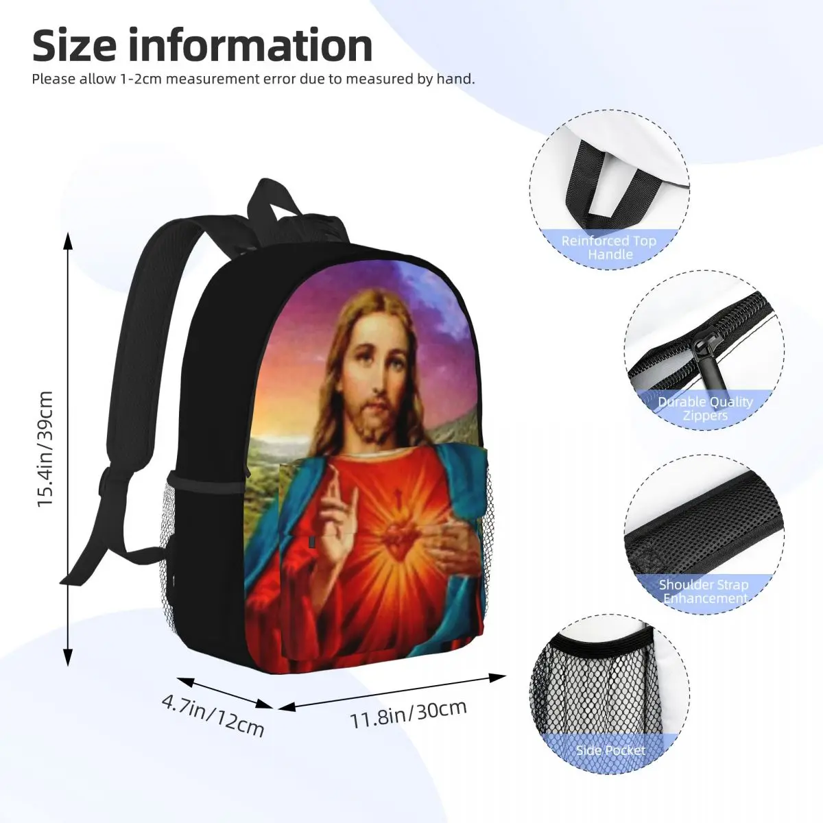 Mochila escolar de dibujos animados del Sagrado Corazón de Jesús para niñas, niños y niños, gran capacidad, 15 pulgadas