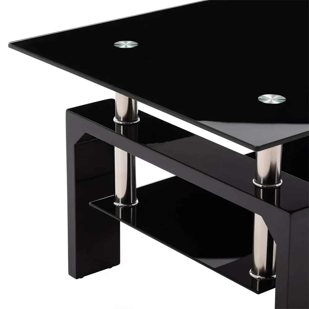 Rectangle Tempered Glass/Wooden Coffee Table Metal Tube Legs 2 Layers Side End Table Center Table Living Room Furniture Set