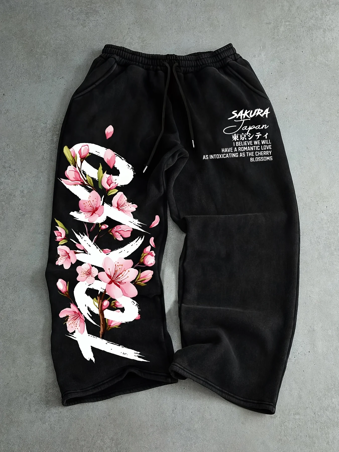 Men's Casual Sports Pants, Tokyo Cherry Blossom Pattern Printed Sweatpants, Drawstring Wide Leg Casual Pants for Men's Wear
