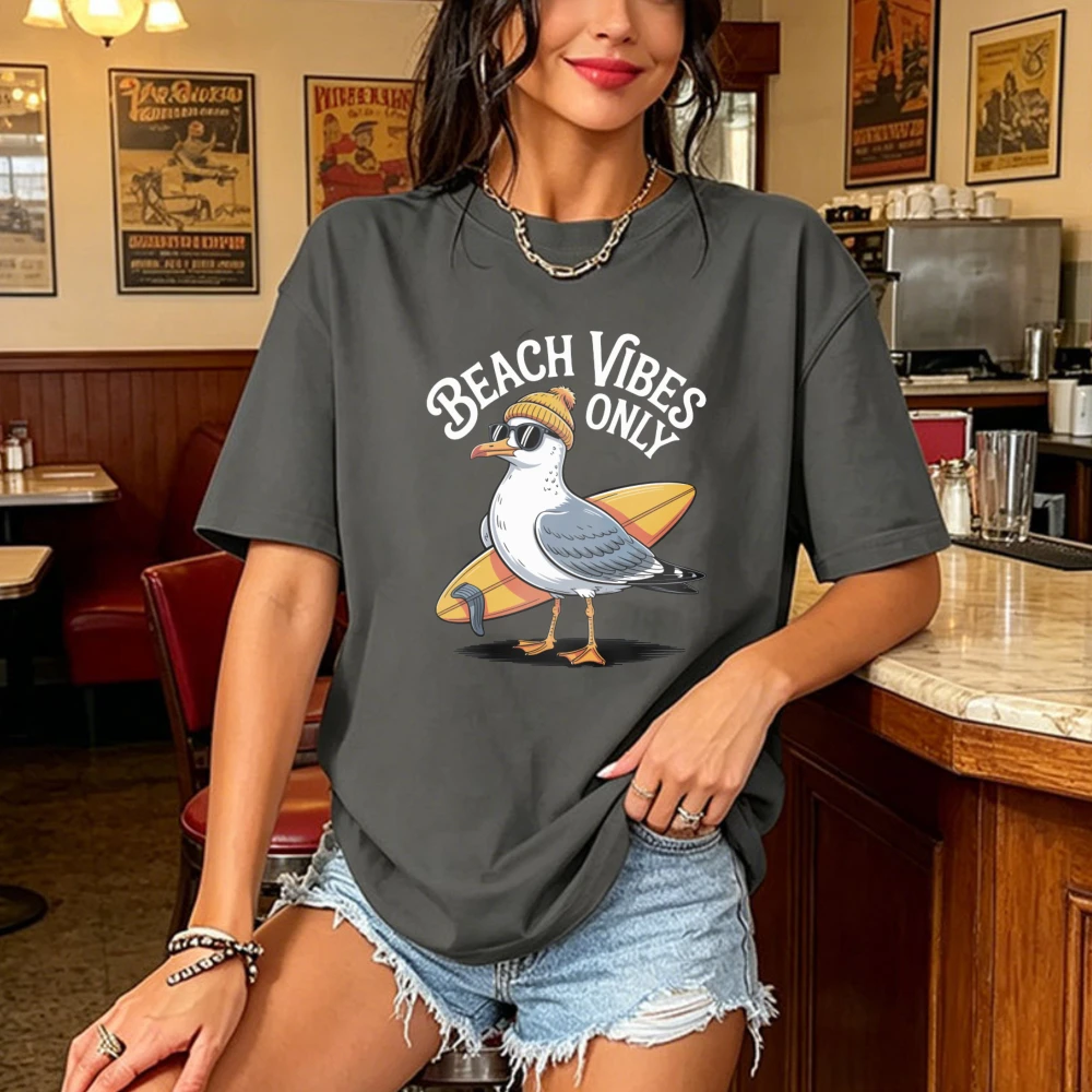 Beach Vibes Unisex Tee Trendy Cotton Tshirt Men Cool Seagull Surfboard Graphic Tops Summer Ocean Vacation Casual Street Apparel
