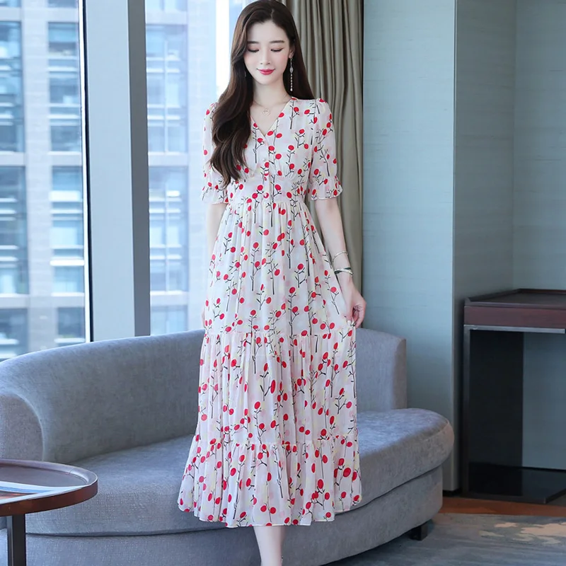 Women Cherry Print Chiffon Dress Boho Casual V Neck Short Sleeve Midi Big Pieated Robe Summer Plus Size Slim Red Party Wear 2022