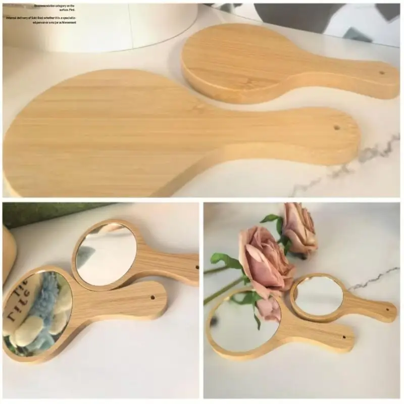 กระจกแต่งหน้าไม้ไผ่แบบพกพา ด้ามจับทำมือ ทรงกลม พร้อมด้ามจับ กระจกแต่งหน้าส่วนตัวแบบถือ