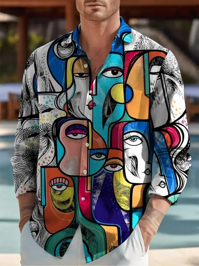 Men Fashion Long Sleeve Shirt Colorful Abstract Portrait Graphic Print Casual
