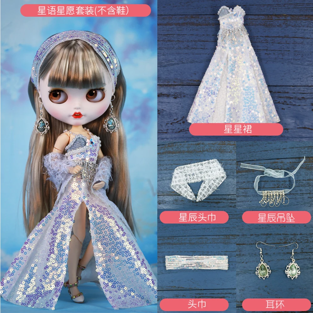 DBS Blythe Little Ragdoll Clothes Sequin Slit Noble Dress Azone Joint Body Ob24 Baby   Toy Girl Doll Accessories