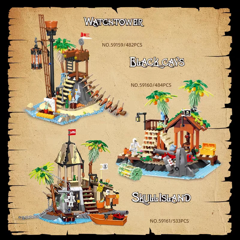 Compatível com LEGO Medieval Pirate's House Skull Island Bricks Kit 3 estilos Pirate Watch Tower Building Brock Presente de Natal