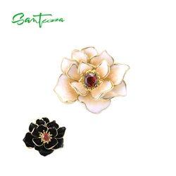 SANTUZZA Authentic 925 Sterling Silver Pendant For Women Exquisite White Black Enamel Lotus flower Garnet Elegant Fine Jewelry