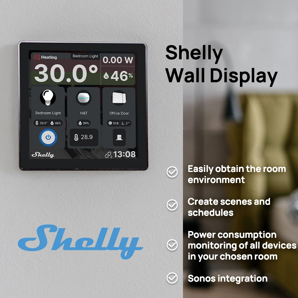 

Настенный дисплей Shelly + BLU HT Smart Panel Thermostst Встроенный цветной дисплей Централизованное управление Мониторинг всех устройств Shelly