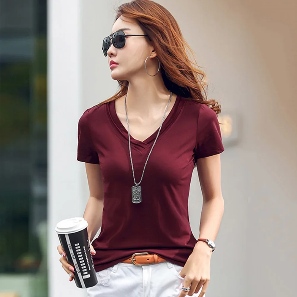 

New Women V-Neck T-shirt Summer Fashion Casual Short Sleeve Slim Tees Tops Classic Simplicity Basic Cotton T-shirt Burgundy Z660