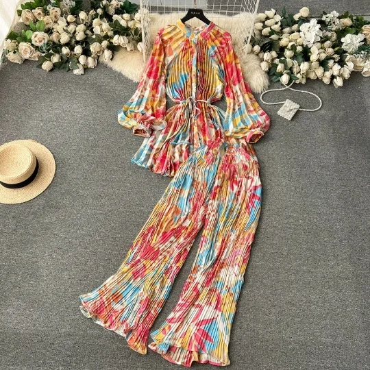 Chic Print Pajamas for Women Two-piece Waistband Chiffon Shirt High Waist Pleated Wide Leg Pants Set Loungewear Women Sleepwear